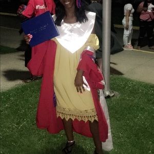 Yellow off the shoulder dress.
